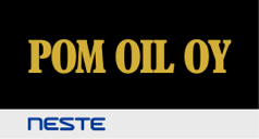 "Text reading 'POM OIL OY' in yellow on a black background, with 'NESTE' in blue on a white strip below."
