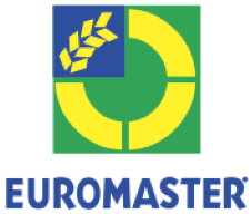 A logo with a blue and green square featuring a yellow circular design and a wheat symbol, with the word "EUROMASTER" in blue below.