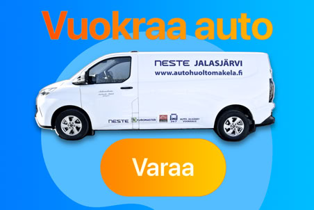 A white van with text and logos on the side, set against a blue and orange gradient background with the words "Vuokraa auto" at the top and an orange button labeled "Varaa" at the bottom.